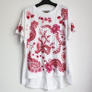 Johnny Was Raw Detail Cassia Swing Top in White, Embroidered, Size M